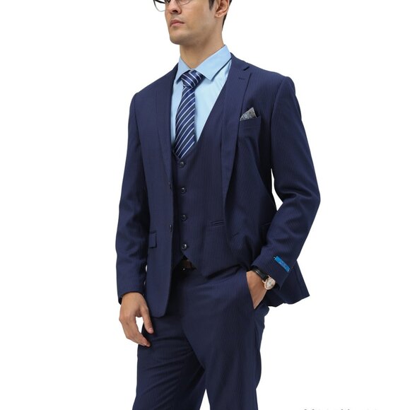 Navy Pinstriped 3 Piece Notch Lapel Sean Alexander Men's Suit - Picture 3 of 3
